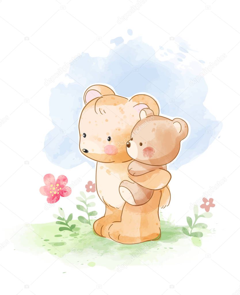 Cute bear father and son piggy back riding vector illustration