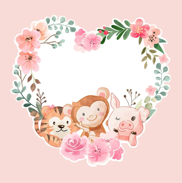 Χαριτωμένα Ζώα Κινουμένων Σχεδίων Φίλους Στην Καρδιά Λουλούδι Πλαίσιο Εικονογράφηση — Διανυσματικό Αρχείο