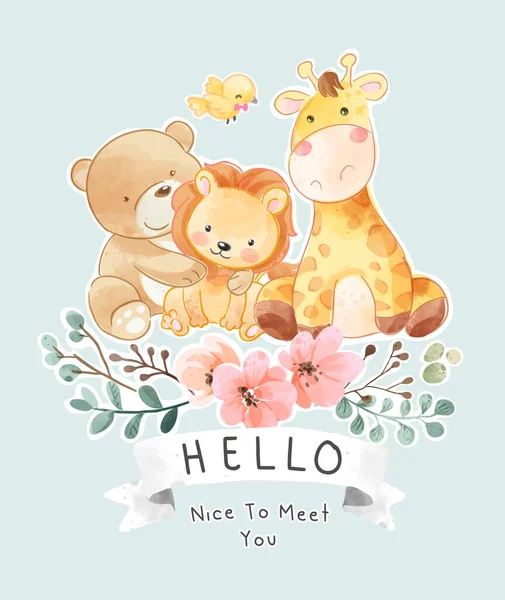 Cute Dzikie Zwierzęta Znajomych Hello Wstążka Znak Kwiaty Wieniec — Wektor stockowy