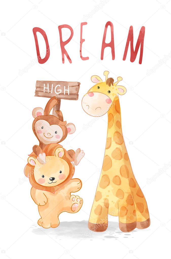 Dream high slogan with wild animals piggy back illustration