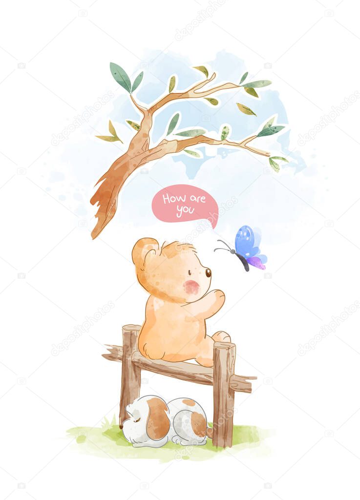 Cute bear and sleeping dog on wood fence illustration
