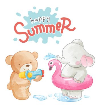 summer slogan with cartoon animals playing water fight illustration