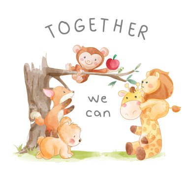 together slogan with cartoon wild animals climbing tree illustration