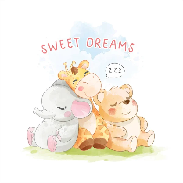 Sweet Dreams Slogan Cartoon Animals Sleeping Illustration — стоковый вектор