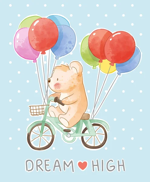 Dream High Slogan Cartoon Bear Riding Bicycle Colorful Balloons Illustration Стоковый вектор