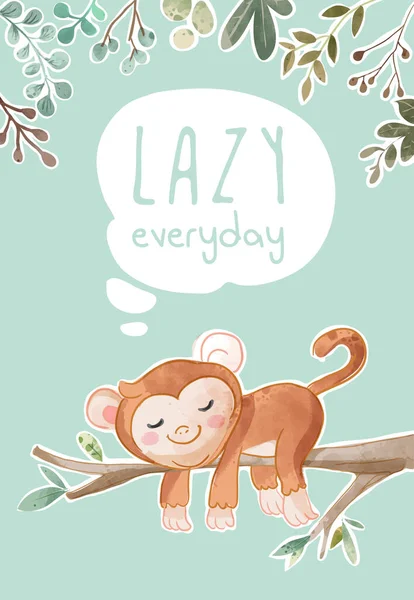 Lazy Everyday Slogan Little Monkey Sleeping Tree Branch Illustration Векторная Графика