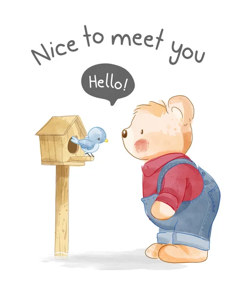 Nice Meet You Greeting Card Cute Bear Little Bird Illustration Стоковая Иллюстрация