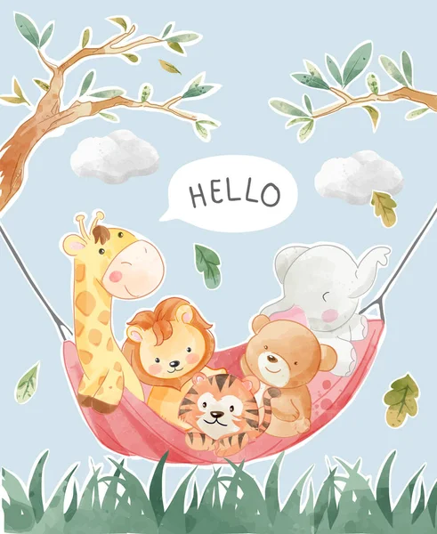 Cute Wild Animal Friends Red Hammock Illustration Стоковый вектор