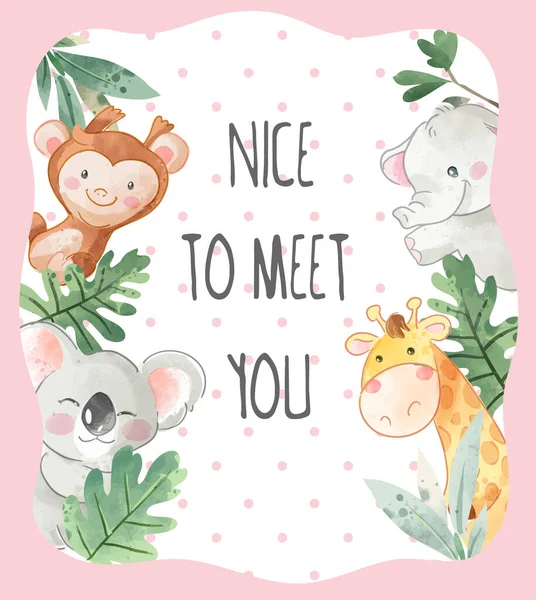 Nice Meet You Greeting Card Cute Wild Animals Illustration Стоковый вектор