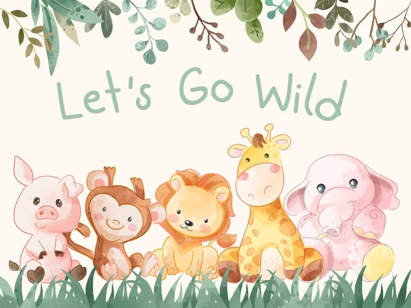 Let Wild Slogan Wild Animals Cartoon Illustration Стоковая Иллюстрация