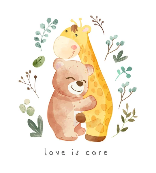 Love Slogan Cartoon Giraffe Bear Hugging Illustration Стоковая Иллюстрация