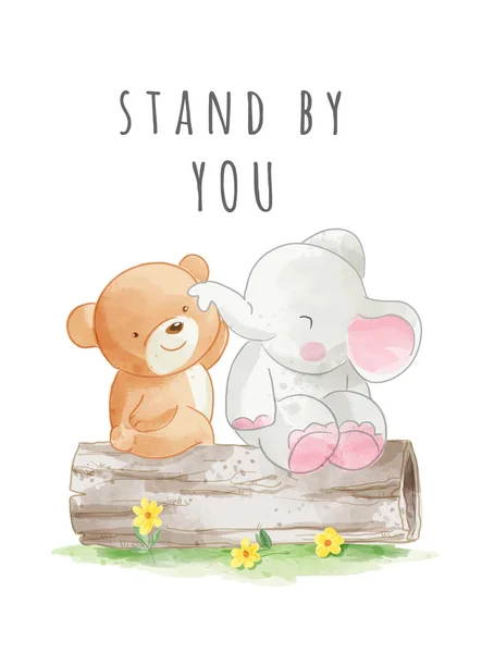 Stand You Slogan Cartoon Bear Elephant Sitting Log Illustration Векторная Графика