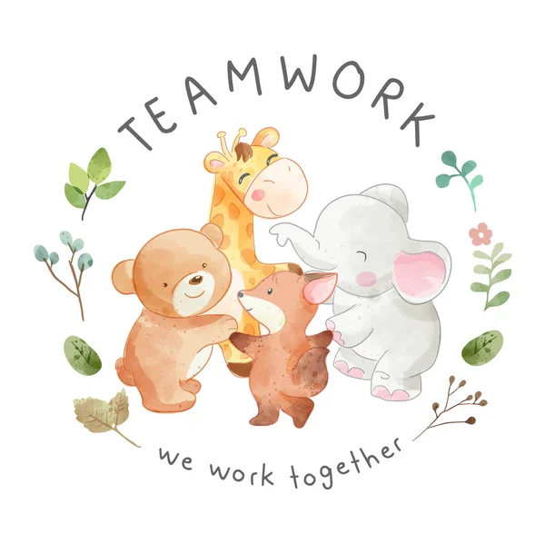 Teamwork Slogan Animals Friends Holding Hands Circle Illustration Лицензионные Стоковые Векторы