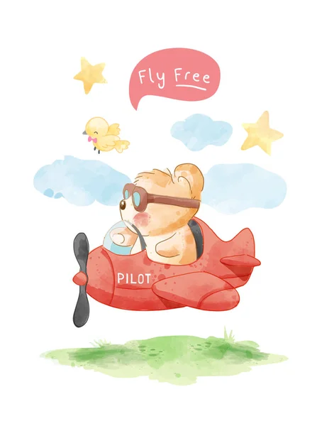 Fly Free Slogan Cartoon Bear Flying Airplane Illustration Стоковый вектор