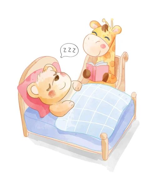 Cute Cartoon Giraffe Reading Book Sleeping Bear Illustration Лицензионные Стоковые Иллюстрации