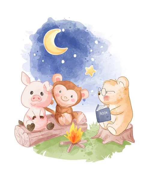 Cute Wild Animals Cartoon Reading Story Campfire Illustration Лицензионные Стоковые Иллюстрации
