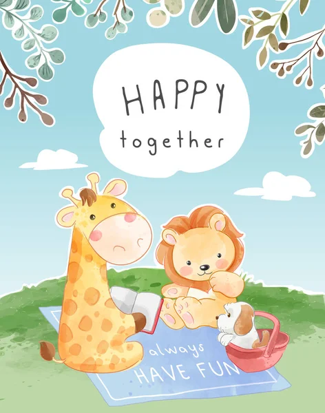 Happy Together Slogan Cartoon Animals Reading Story Mat Illustration Лицензионные Стоковые Векторы