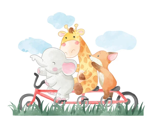Cute Animal Friends Riding Long Bicycle Illustration Лицензионные Стоковые Векторы