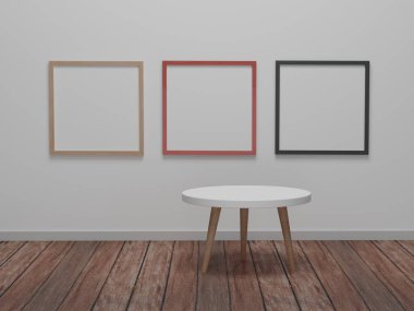 Geometrik formlarla soyut asgari sahne. Fotoğraf çerçeveli yuvarlak masa arkaplan sunumu modeli. 3d görüntüleme, 3d illüstrasyon