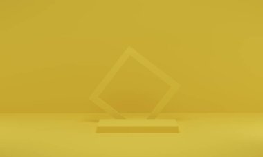 3 boyutlu görüntüleme. Ürün tanıtımı için sarı sahne geometrik şekil podyumu. Boş alanı olan soyut minimalist tasarım.