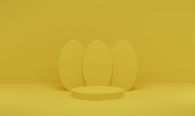 3 boyutlu görüntüleme. Sarı silindir podyum stüdyo arka planı çok az. Boş alanı olan soyut geometrik şekil platformu.