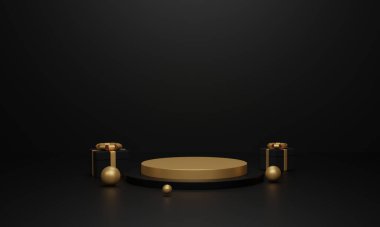 Siyah podyum ve altın fiyonklu hediye kutusu. Noel, Yeni Yıl ve Satış Konsepti için en düşük ürün geçmişi.