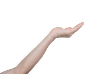 Avuç içi kadar umudu olan, yardım eden, beyaz arka planda izole edilmiş bir adam..