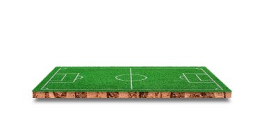 Beyaz arka planda izole edilmiş yeşil çimen futbol sahası. Spor oyunu için futbol sahası