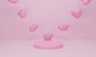 3 boyutlu görüntüleme. Kalp pembe podyumda, arka planda. Sevgililer Günü için soyut minimetrik geometrik şekiller arkaplanı