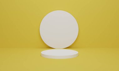 Sarı arka planda beyaz silindir podyum. Sarı geometrik platformlu minimal sahne. Ürün sergisi için podyum standı. 3d görüntüleme, 3d illüstrasyon.