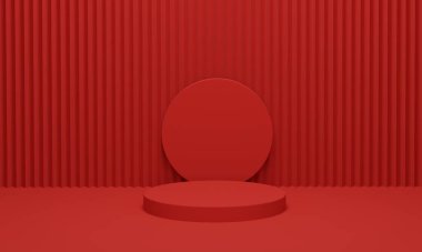 Ürün sergisi için kırmızı kadife perde arka planında sahne podyumu. Geometrik arka planı olan modern kırmızı podyum. 3d resimleme.