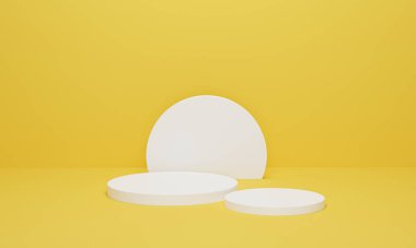Sarı arka planda beyaz silindir podyum. Sarı geometrik platformlu minimal sahne. Ürün sergisi için podyum standı. 3d görüntüleme, 3d illüstrasyon.