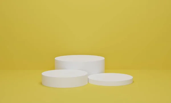 白色圆柱形讲台上的黄色背景最小场景与黄色几何平台 产品陈列的托架 3D渲染 3D说明 — 图库照片