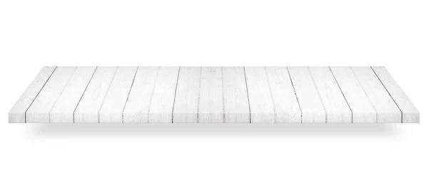 Dřevěný Bílý Stůl Nebo Dřevěná Police Izolované Bílém Pozadí Objekt — Stock fotografie