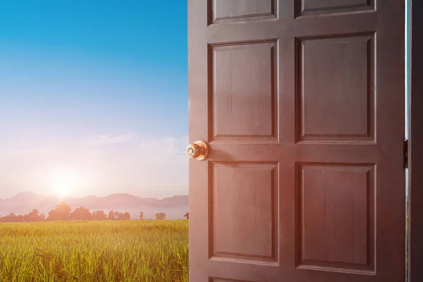 Open Deur Met Uitzicht Groene Rijstveld Bij Zonsopgang Hemel Achtergrond — Stockfoto