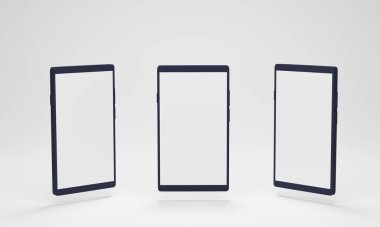 Farklı bakış açıları olan akıllı telefon modeli. Beyaz zemin üzerinde boş bir ekran olan mobil ekranlar. 3 Boyutlu Hazırlama.