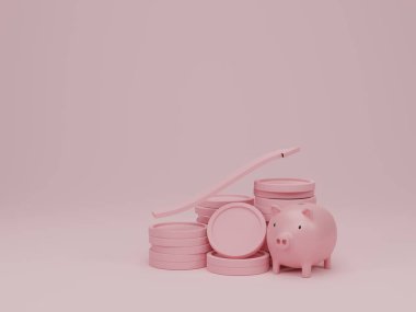 Pembe arka planda ok ve para yığınları. Büyüyen finansal başarı ve yatırım iş konsepti. 3d resimleme