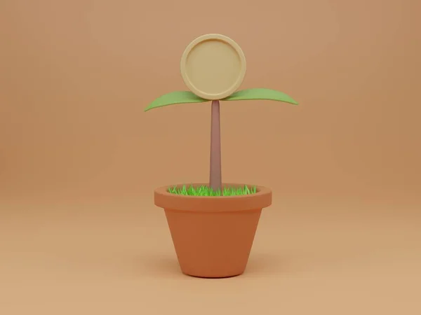 Sämlingspflanze Mit Münzblume Topf Auf Hellorangefarbenem Hintergrund Konzept Für Langfristiges — Stockfoto