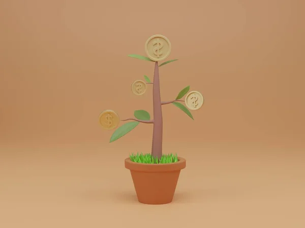Растение Цветком Монеты Горшке Светлом Оранжевом Фоне Концепция Долгосрочного Роста — стоковое фото