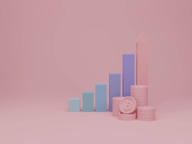 Büyüme başarısına giden merdiven basamağı ve btc madeni para destesiyle bar grafiği. Kripto para birimi eğilimi ve büyüyen bitcoin yükseliyor. 3d resimleme.