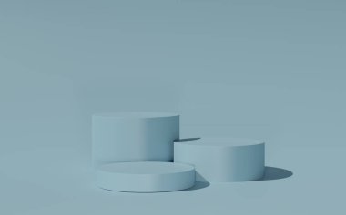 Açık mavi arkaplanda silindir podyum. Geometrik formlarla soyut asgari sahne. Kozmetik ürünler sunumunu göstermek için sahneyi düzenleyin. 3d görüntüleme, 3d illüstrasyon