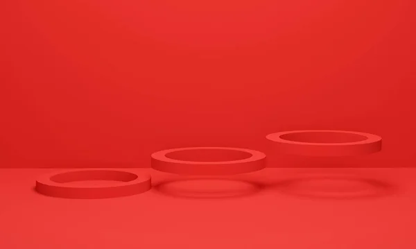 Tres Círculos Flotando Sobre Fondo Rojo Plataforma Geométrica Escena Mínima —  Fotos de Stock