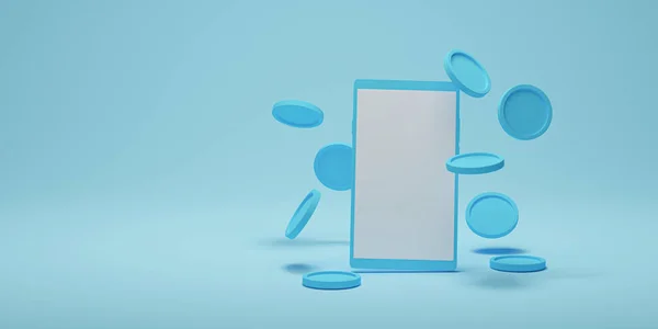 青い背景に空白の画面表示を持つコインスントスマートフォン オンラインショッピング ビジネス投資利益 お金の節約の概念 3Dレンダリング — ストック写真