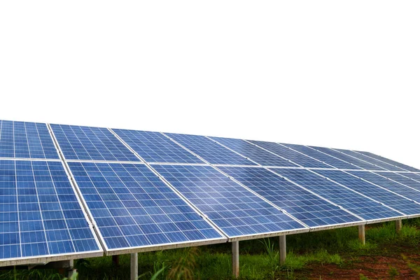 Panneaux Module Solaire Avec Herbe Verte Isolée Sur Fond Blanc — Photo