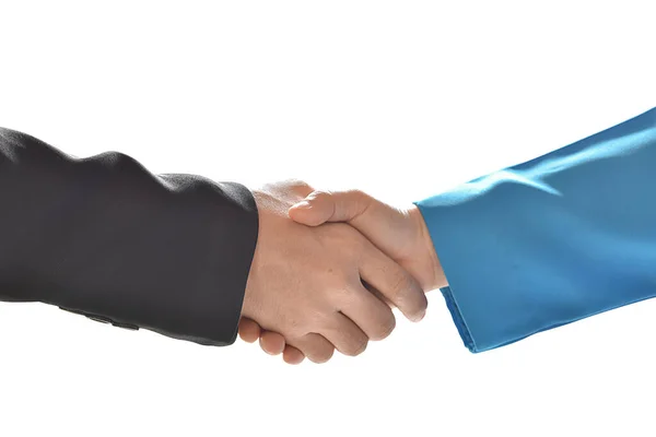 在白色背景下孤立的商人握手的特写形象 商业伙伴关系会议概念 — 图库照片