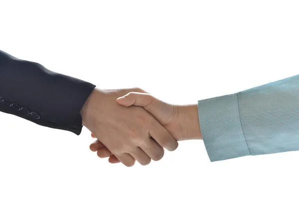 在白色背景下孤立的商人握手的特写形象 商业伙伴关系会议概念 — 图库照片