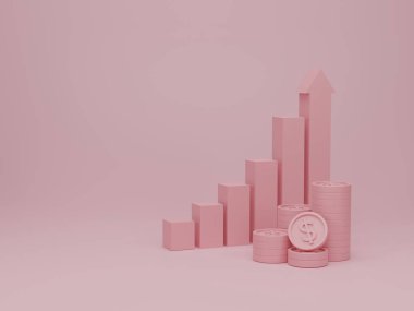 Büyüme başarısına giden merdiven basamağı ve bozuk paralarla ölçü çizelgesi. Büyüme, finans, grafik ve yatırım iş konsepti. 3d resimleme.