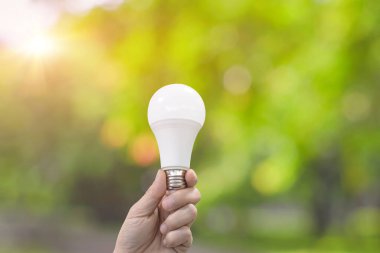 Yeşil doğa arka planında el ele tutuşan ampul. Çevre dostu kavram.