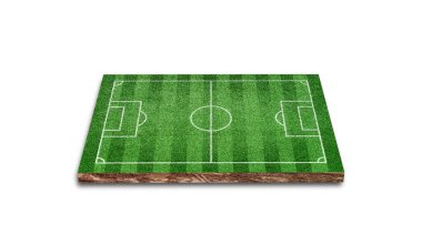 Üç boyutlu görüntüleme. Yeşil çimen futbol sahası beyaz arkaplanda izole.