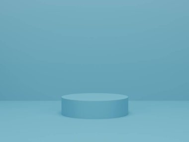 Açık mavi arkaplanda silindir podyum. Geometrik formlarla soyut asgari sahne. Kozmetik ürünler sunumunu göstermek için sahneyi düzenleyin. 3d görüntüleme, 3d illüstrasyon